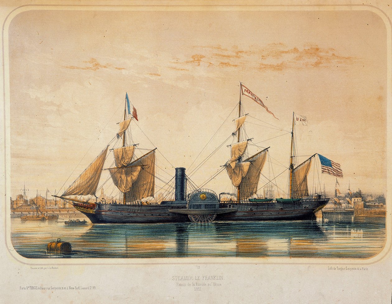 Höyrylaiva "" the Franklin"" Floridan altaalla Le Havressa. Louis Lebretonin piirustus (? - 1866) tekijältä Louis Le Breton