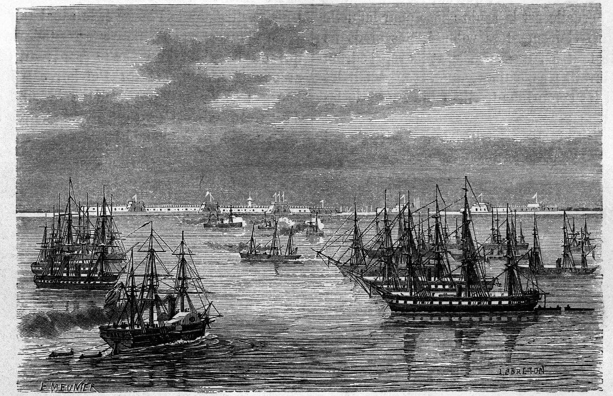 Näkymä ranskalaisesta Anglo-lentueesta Hai He -joen suulla Bohainmerellä Tanggussa, Kiinassa. Lebretonin kaiverrus, julkaisussa "" Le Tour du Monde, Nouveau Journal des Voyages", toimittanut Edouard Charton, Pariisi tekijältä Louis Le Breton
