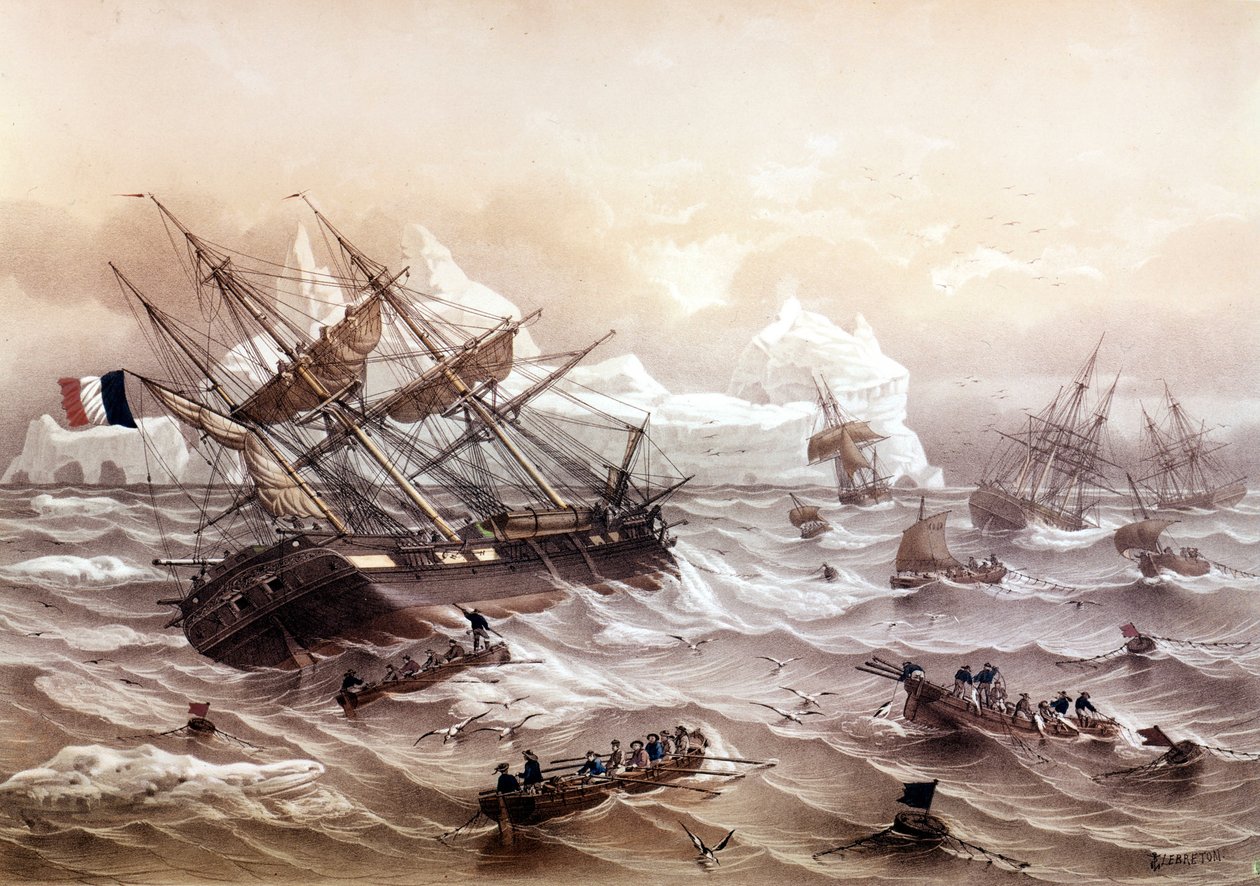 Valaanpyynti Newfoundlandissa. Lebretonin maalaus. 1800-luvun alku. tekijältä Louis Le Breton
