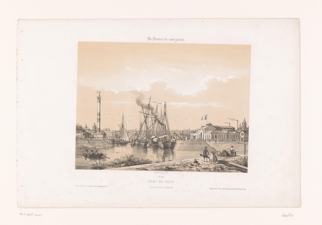 Näkymä Caeniin Cours Caffarellilta Port de Caen, Pris du Cours Caffarelli (otsikko esineessä) Contemporary France (sarjan nimi) La France de nos jours (sarjan nimi esineellä) tekijältä Louis Le Breton