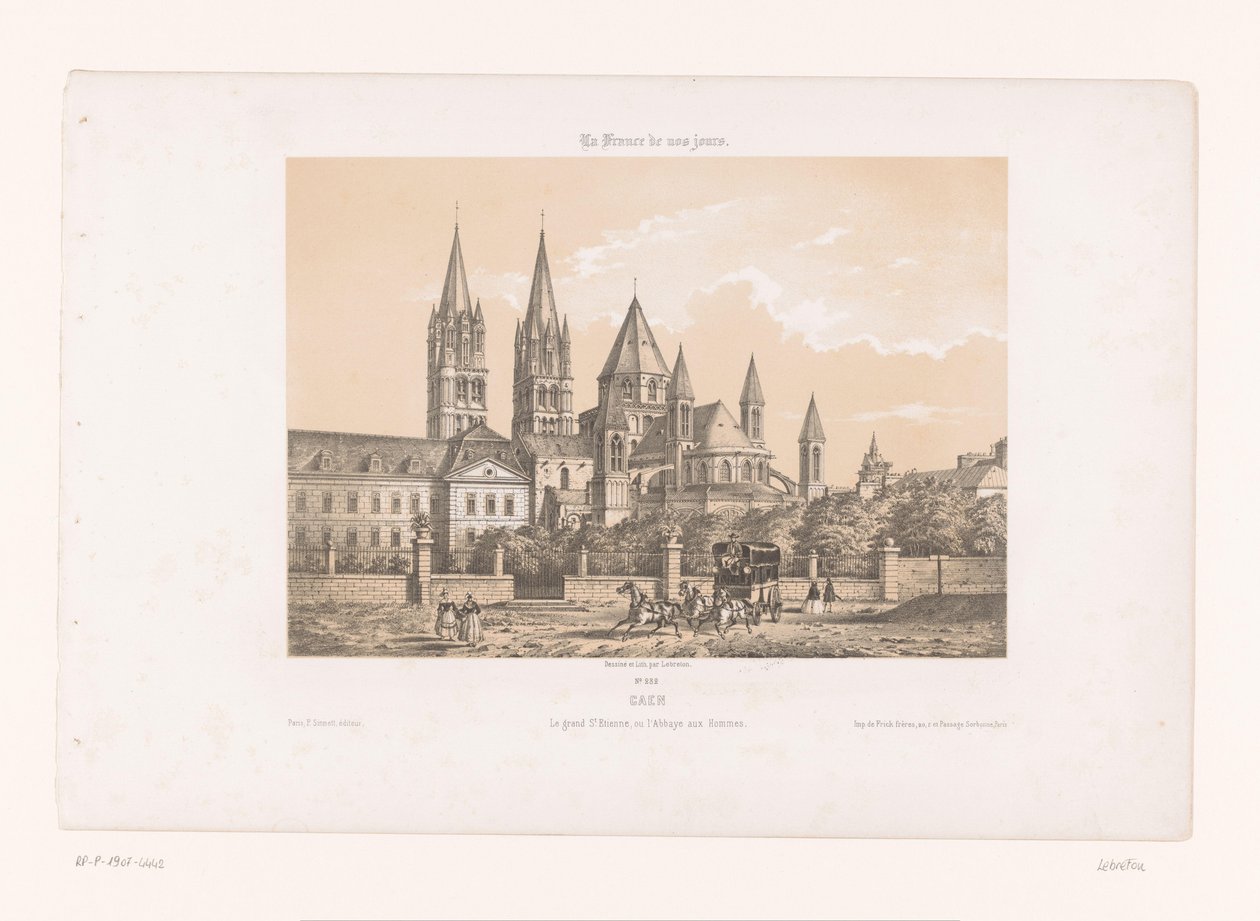 Zicht op de Abbaye aux Hommes ja Saint-Étienne Church te Caen Caen. Suuri Et. Etienne tai ihmisten luostari (otsikko esineessä) Hedendaags Frankrijk (sarjan nimi) Ranska nykyään (sarjan nimi esineellä) tekijältä Louis Le Breton