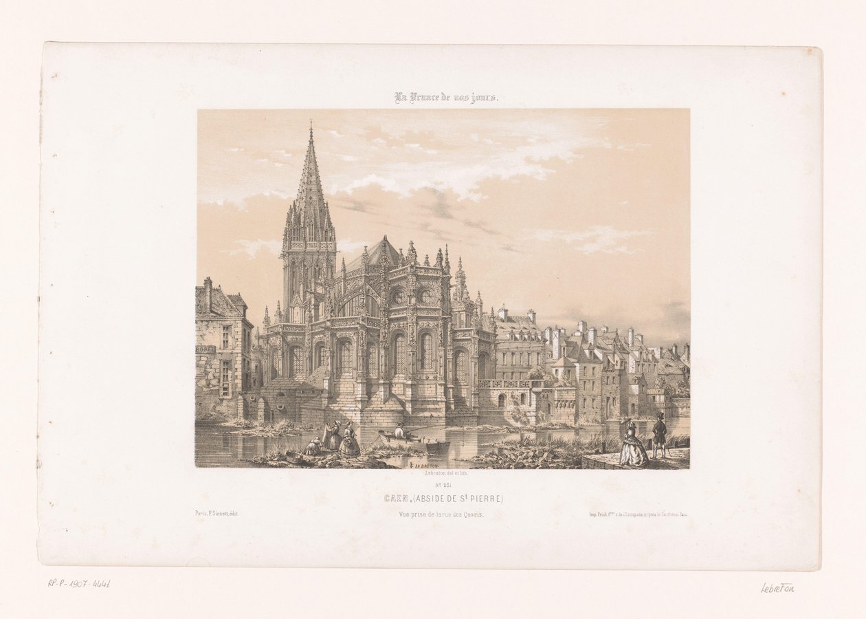 Näkymä Caenin Pyhän Pietarin kirkon apsisista Caen (Abside de St. Pierre). Vue Prize de la rue des Quoris (nimi esineessä) Contemporary France (sarjan nimi) La France de nos jours (sarjan nimi esineellä) tekijältä Louis Le Breton
