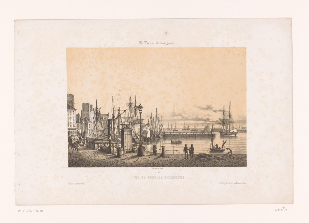 Näkymä Cherbourgin satamasta Vue du port de Cherbourg (otsikko esineessä) Contemporary France (sarjan nimi) La France de nos jours (sarjan nimi esineellä) tekijältä Louis Le Breton