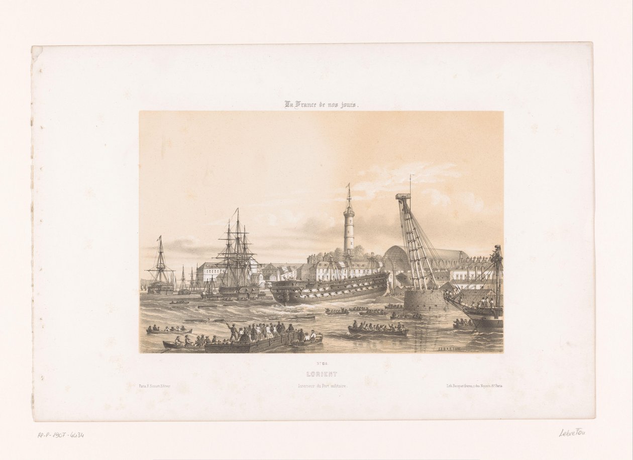Näkymä Arsenalille Lorientin satamassa Lorient. Interior du Portmilitary (nimi esineessä) Contemporary France (sarjan nimi) La France de nos jours (sarjan nimi esineellä) tekijältä Louis Le Breton
