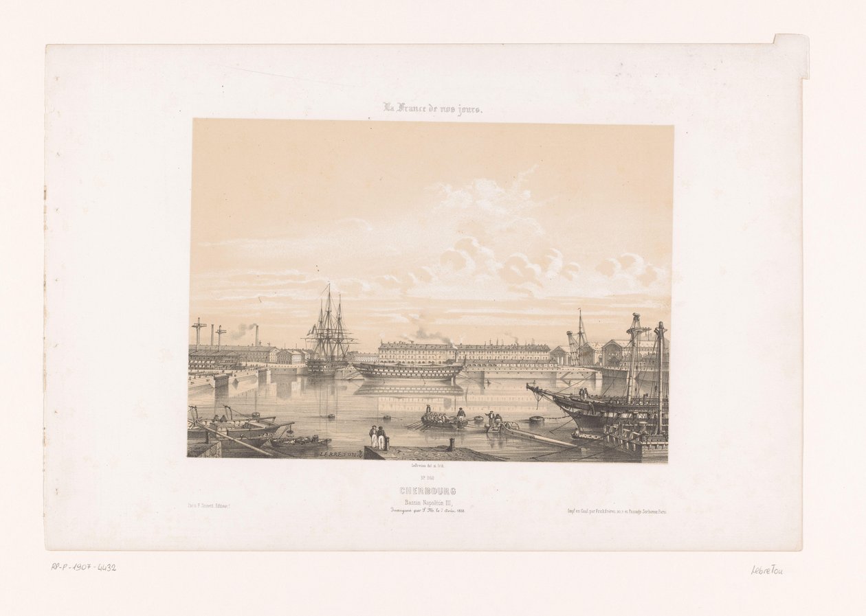 Näkymä Bassin Napoléon III:lle Cherbourgin satamassa Cherbourg. Napoleon III -allas (otsikko esineessä) Contemporary France (sarjan nimi) La France de nos jours (sarjan nimi esineellä) tekijältä Louis Le Breton