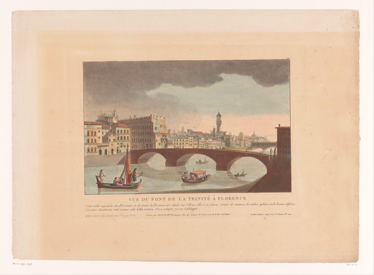 Näkymä Ponte Santa Trinitalle Firenzessä Vue du Pont de la Trinité Firenzessä (otsikko esineessä) Kaupunkimaisemat Italiassa, Espanjassa ja Egyptissä (sarjan nimi) tekijältä Louis Lecoeur