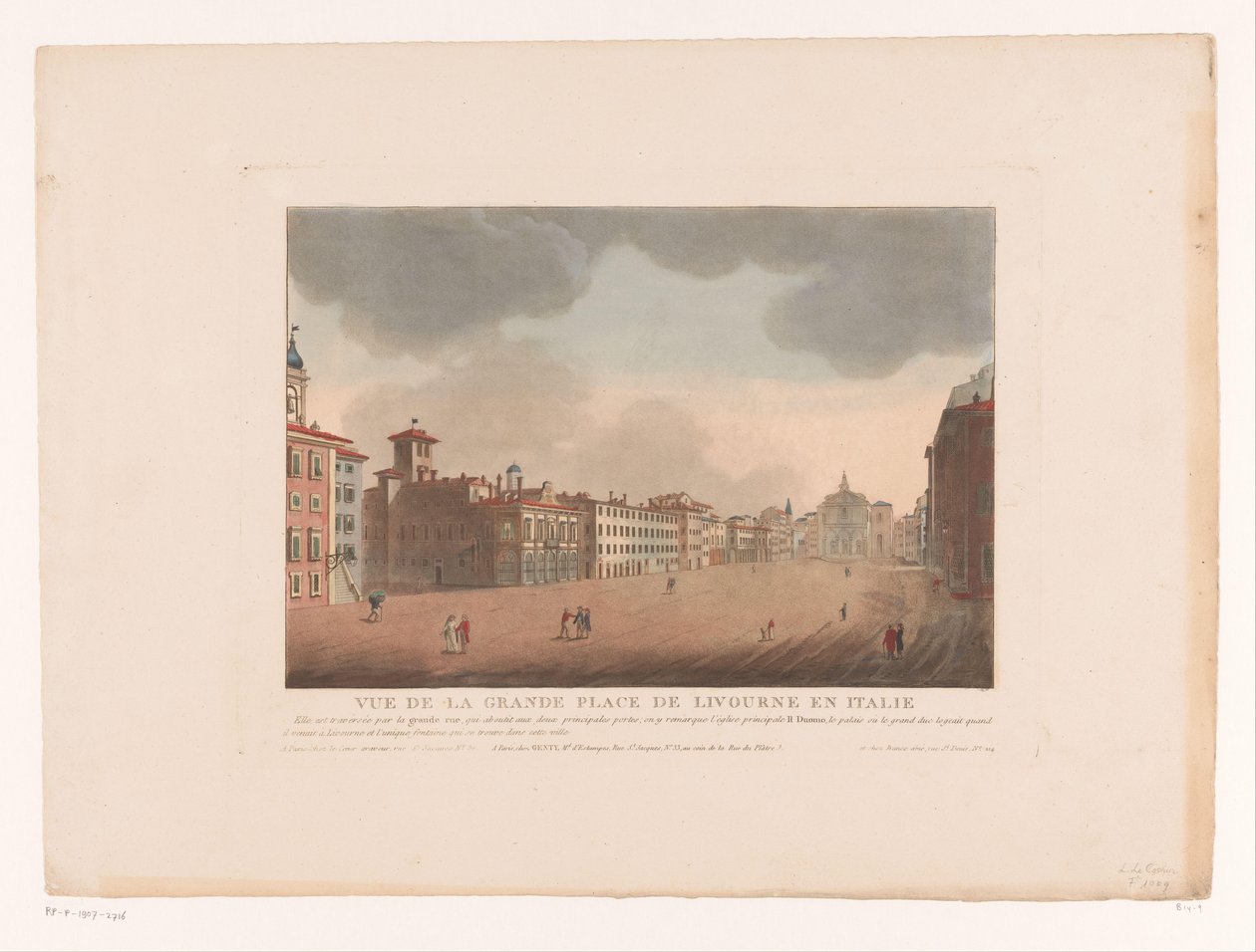 Näkymä Piazza Grandelle Livornossa Vue de la Grande Place de Livourne en Italy (otsikko esineessä) Kaupunkimaisemat Italiassa, Espanjassa ja Egyptissä (sarjan nimi) tekijältä Louis Lecoeur