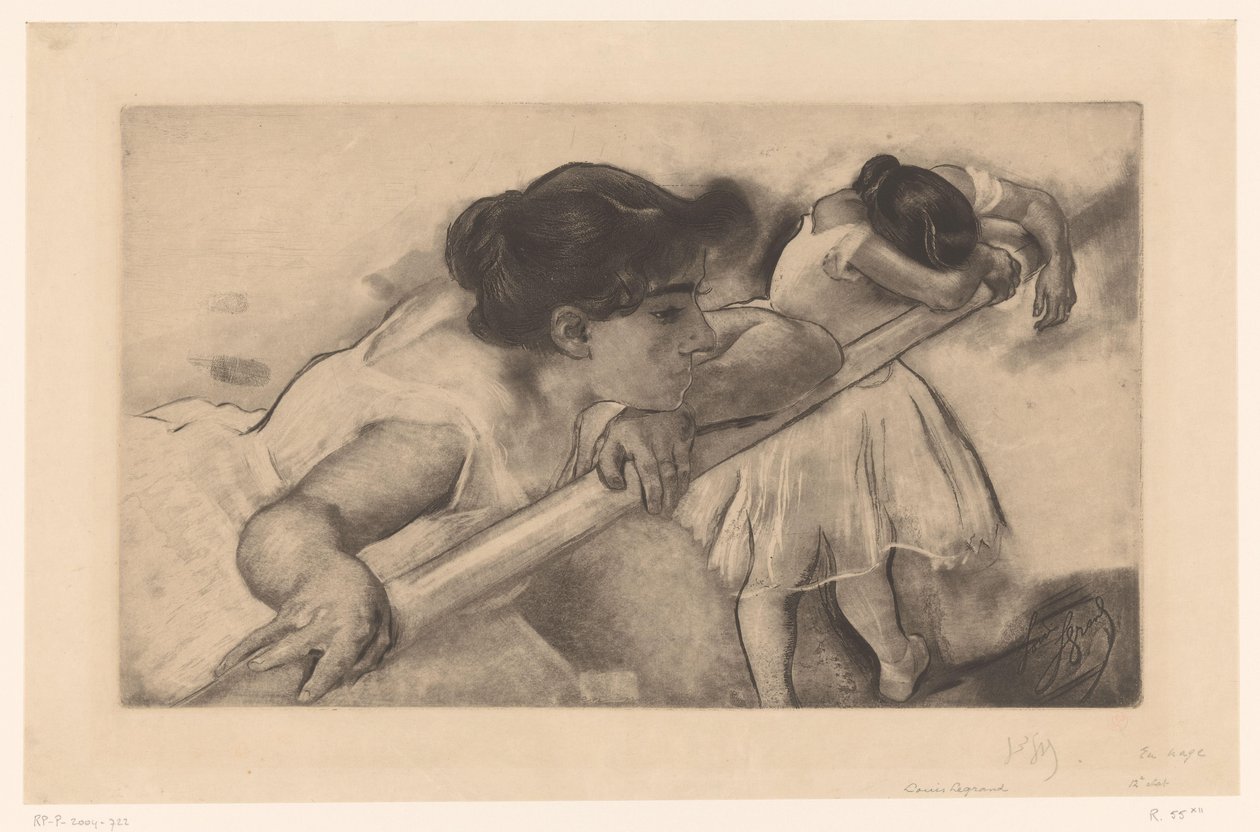Kaksi balerinaa balettibaarissa En nage (otsikko esineessä) Nuoret balerinat (sarjan nimi) Les Petites du balet (sarjan nimi) tekijältä Louis Legrand (signed by artist)