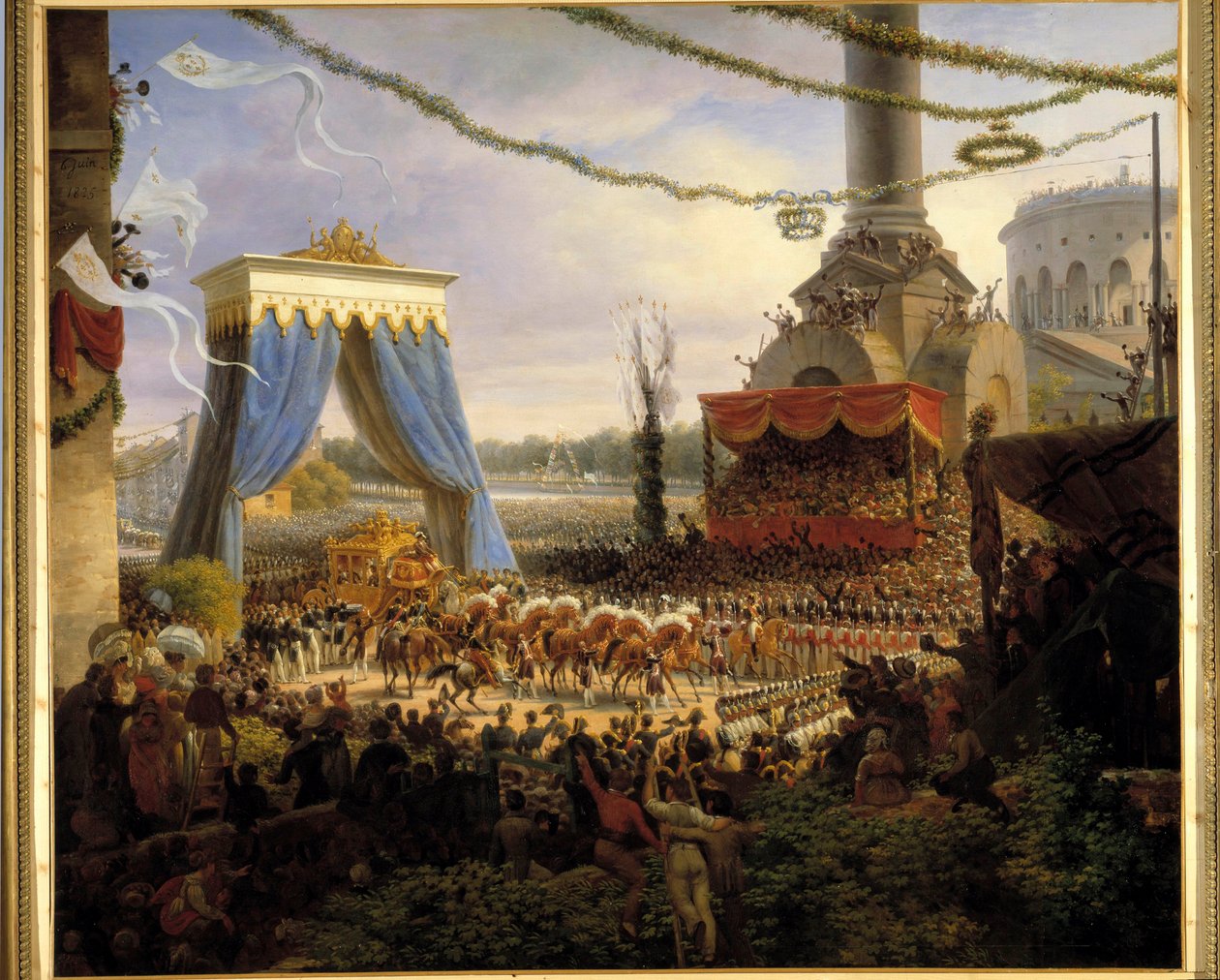 Entre de Charles X à Paris kruunauksen jälkeen 6.6.1825. Kuninkaalliset vaunut toivotti Barriere de la Villetteen vastaan Pariisin kunnan elimessä, jonka johdossa oli Seinen departementin prefetti, Louis Fran Chabrolin maalauksen kreivi. tekijältä Louis Lejeune