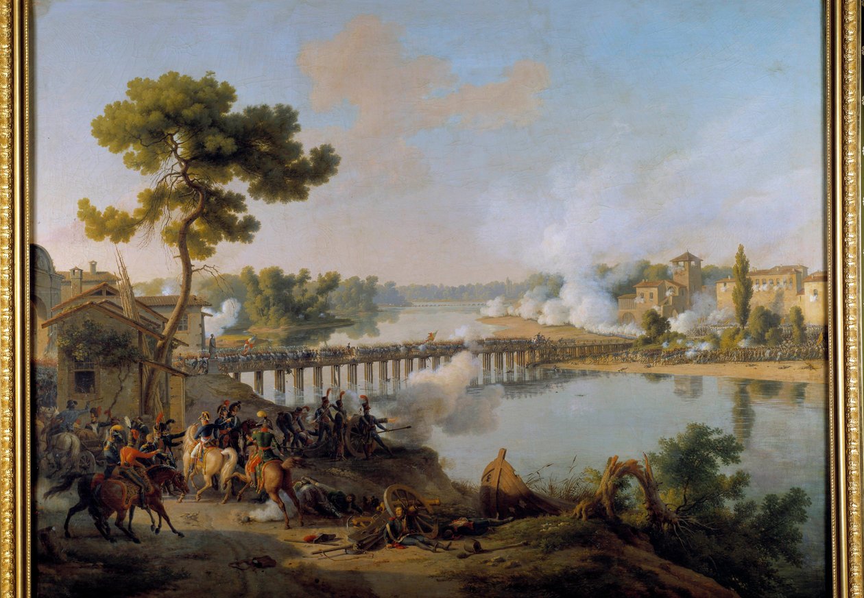Kenraali Bonaparte antaa käskynsä Lodin sillan taisteluun (10. toukokuuta 1796) Italian ensimmäisen kampanjan aikana (1796-1797) Louis Francois Lejeunen (1775-1848) maalaus 1800-luvun su. 1,85 x 2,40 m tekijältä Louis Lejeune