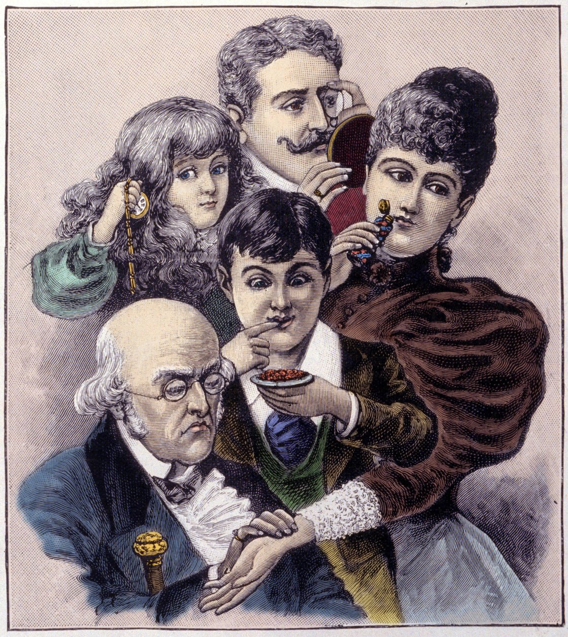 Louis leopold Baillyn viidestä aistista (kosketus, kuulo, haju, maku ja näkö). Kaiverrus vuodelta 1894. tekijältä Louis Leopold (after) Boilly