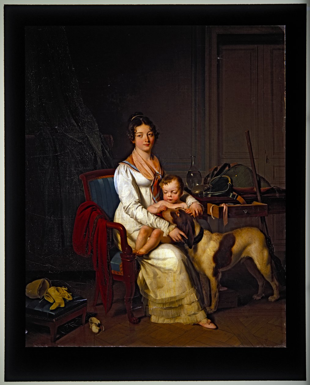 Nuori nainen lapsen ja koiran kanssa sisätiloissa, päiväämätön (kankaalle) tekijältä Louis Leopold Boilly