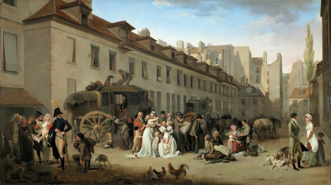 Stagecoachin saapuminen Messageriesin pihalle tekijältä Louis Leopold Boilly