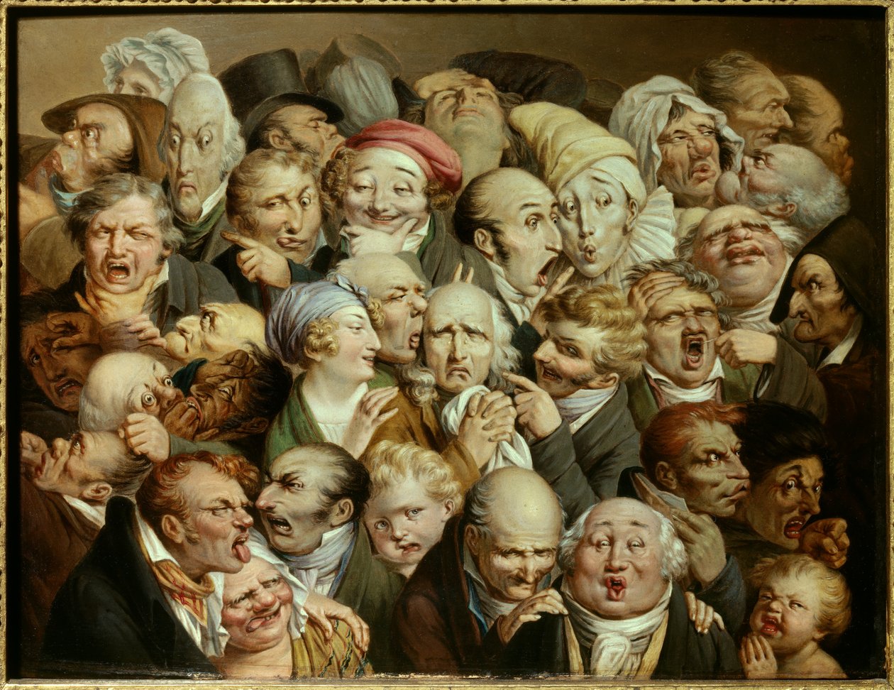 Karikatyyri: sarja naurettavia ilmaisuja "" 35 ilmaisupään jälleennäkeminen"" Louis Leopold Boillyn (1761-1845) maalaus n. 1825 Öljy puulle Dim. 0,19x0,25 m Tourcoing, musee des Beaux Arts - 35 ilmeen jälleennäkeminen. Sarjakuva: tutkimukset r tekijältä Louis Leopold Boilly