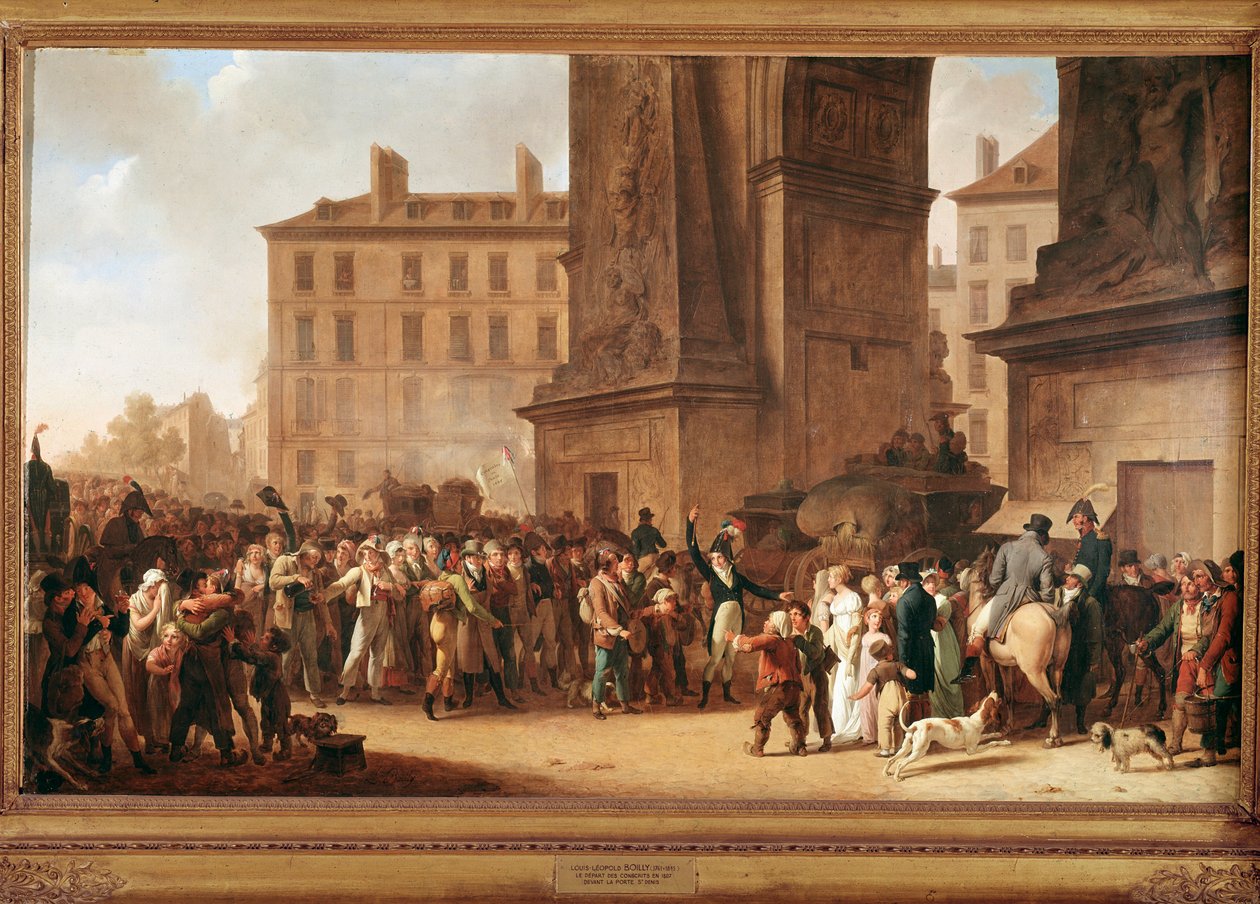 Rekrytoijien lähtö Porte Saint Denisiin Pariisiin taistelemaan Napoleonin sodissa tekijältä Louis Leopold Boilly