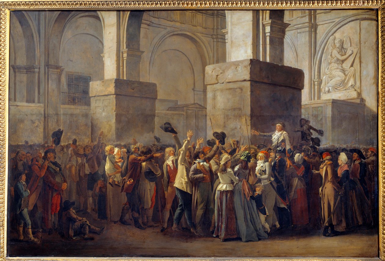 Ranskan vallankumous; "" Maratin voitto"" Kansa voitti sijaisen Jean Paul Maratin (1743-1793), kun vallankumoustuomioistuin vapautti hänet vuonna 1793. Louis Leopold Boillyn (1761-1845) maalaus maroufle-paperille 1700-luvun su. 0,8x1,2 tekijältä Louis Leopold Boilly