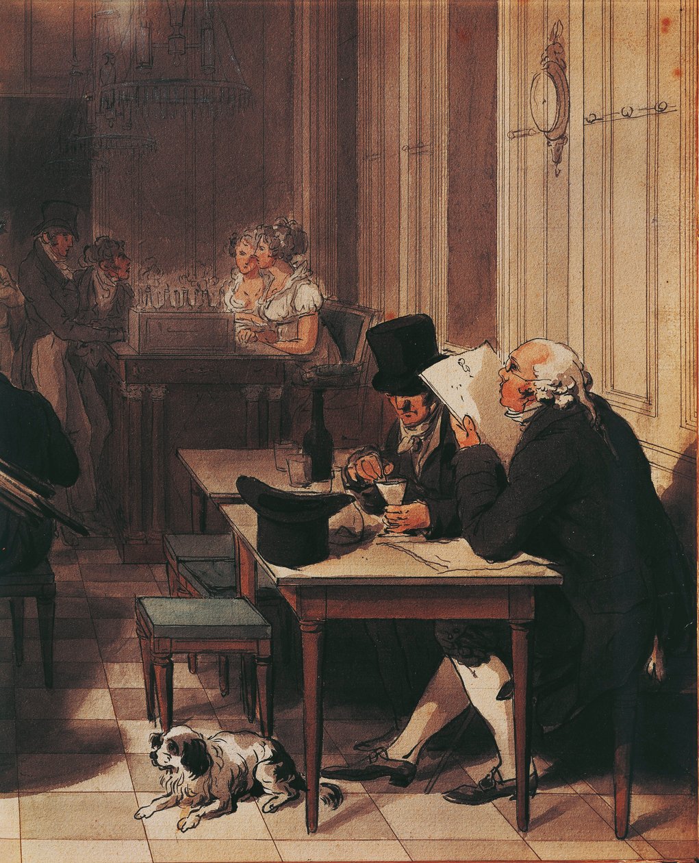 Kahvilan sisustus noin vuodelta 1815, kirjoittanut Louis-Leopold Boilly, piirustus tekijältä Louis Leopold Boilly