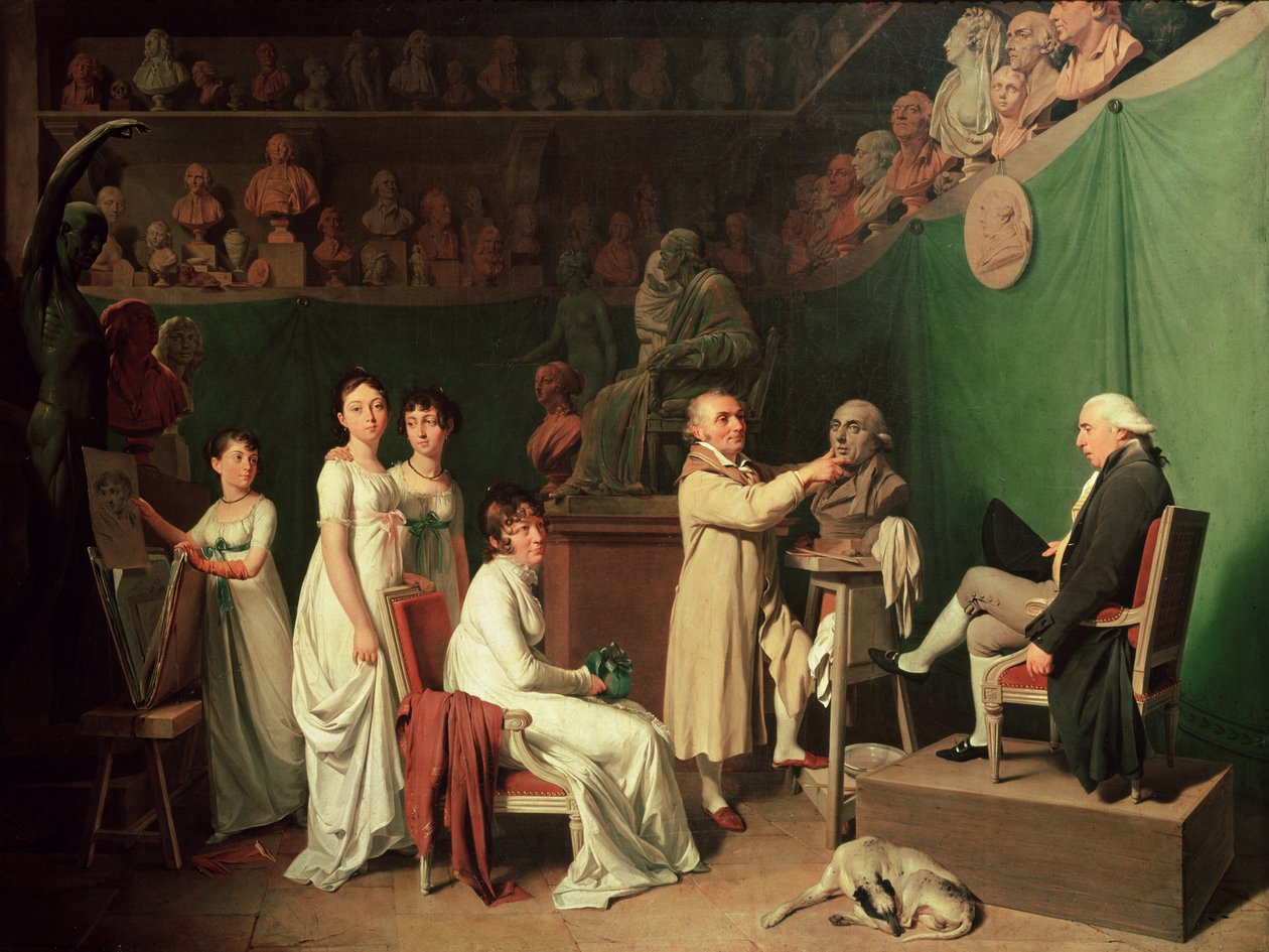 Jean Antoine Houdon (1741-1828) Pierre Simonin (1749-1827) Marquis de Laplacen rintakuvan veistäminen vaimonsa ja tyttäriensä luona, 1804 tekijältä Louis Leopold Boilly