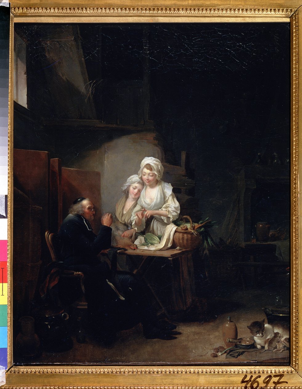 ""Vanha kirkkoherra"" (vanha kirkkoherra) Kaksi naista avustaa vanhaa kirkkoherraa keittiössä. Louis-Leopoldin (Louis Leopold) Boillyn (1761-1845) maalaus 1785-1800 Pushkin-museo, Moskova tekijältä Louis Leopold Boilly