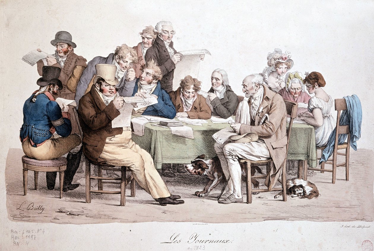 Miehet lukevat sanomalehtiä - kaiverrus Louis Boilly otsikolla "" Les journaux"" tekijältä Louis Leopold Boilly