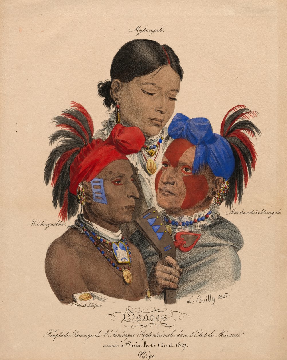 Osage-intiaanit: Mohongo, Washingsabba (eli Black Bird) ja Big Soldier tekijältä Louis Leopold Boilly