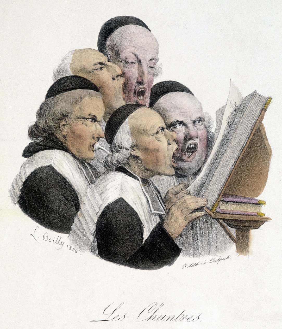 Homes religiosos cantant (Les chantres). Caricatura de L. Boilly datada de 1826.finès tekijältä Louis Leopold Boilly