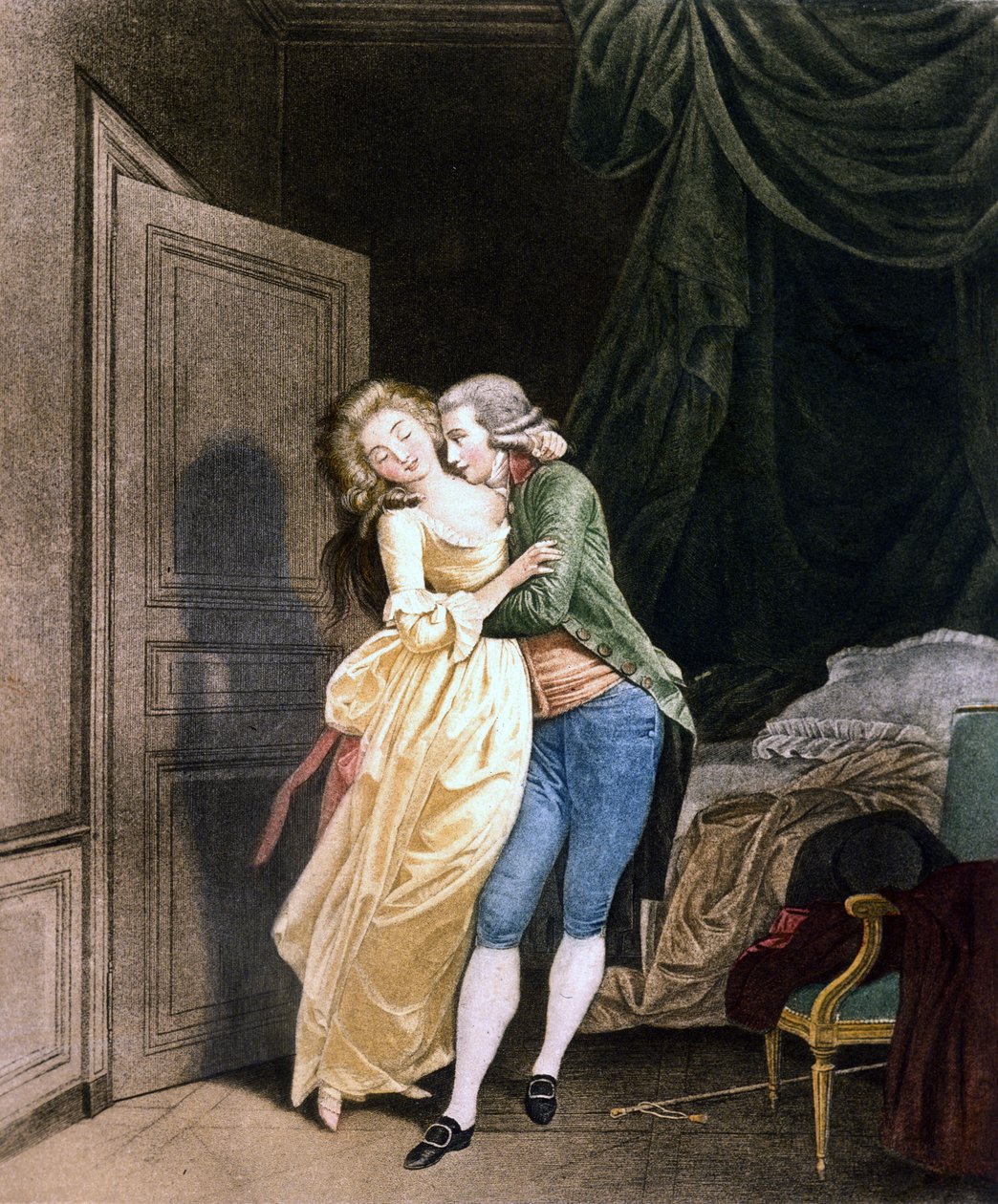 Pehmeä vastus. Mies lähentelee hyvin eleganttia nuorta naista. Boillyn kaiverrus tekijältä Louis Leopold Boilly