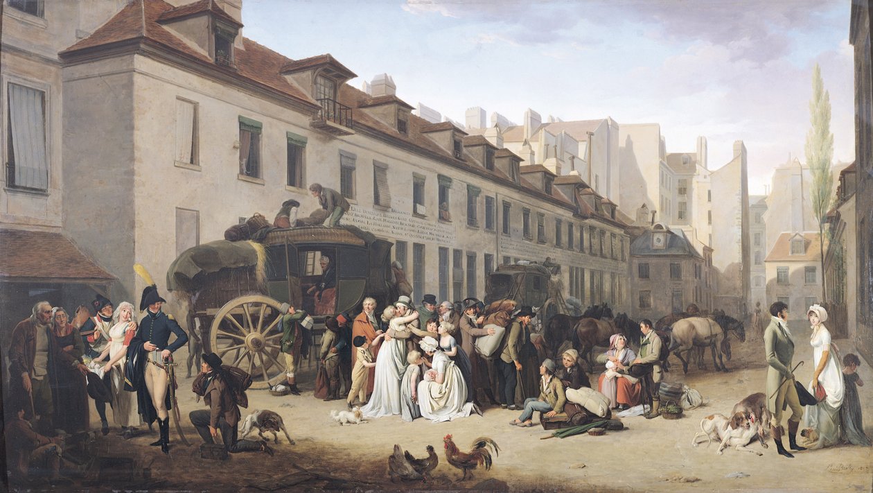 Lavabussin saapuminen terminaaliin, rue Notre-Dame-des-Victoires, Pariisi tekijältä Louis Leopold Boilly