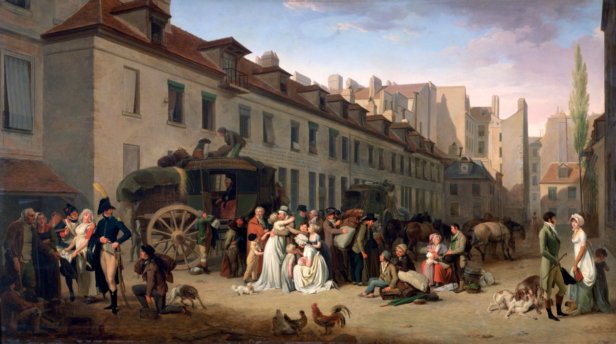 "Stagebussin saapuminen terminaaliin, rue Notre-Dame-des-Victoires, Pariisi, 1803", 1803-1845 tekijältä Louis Leopold Boilly
