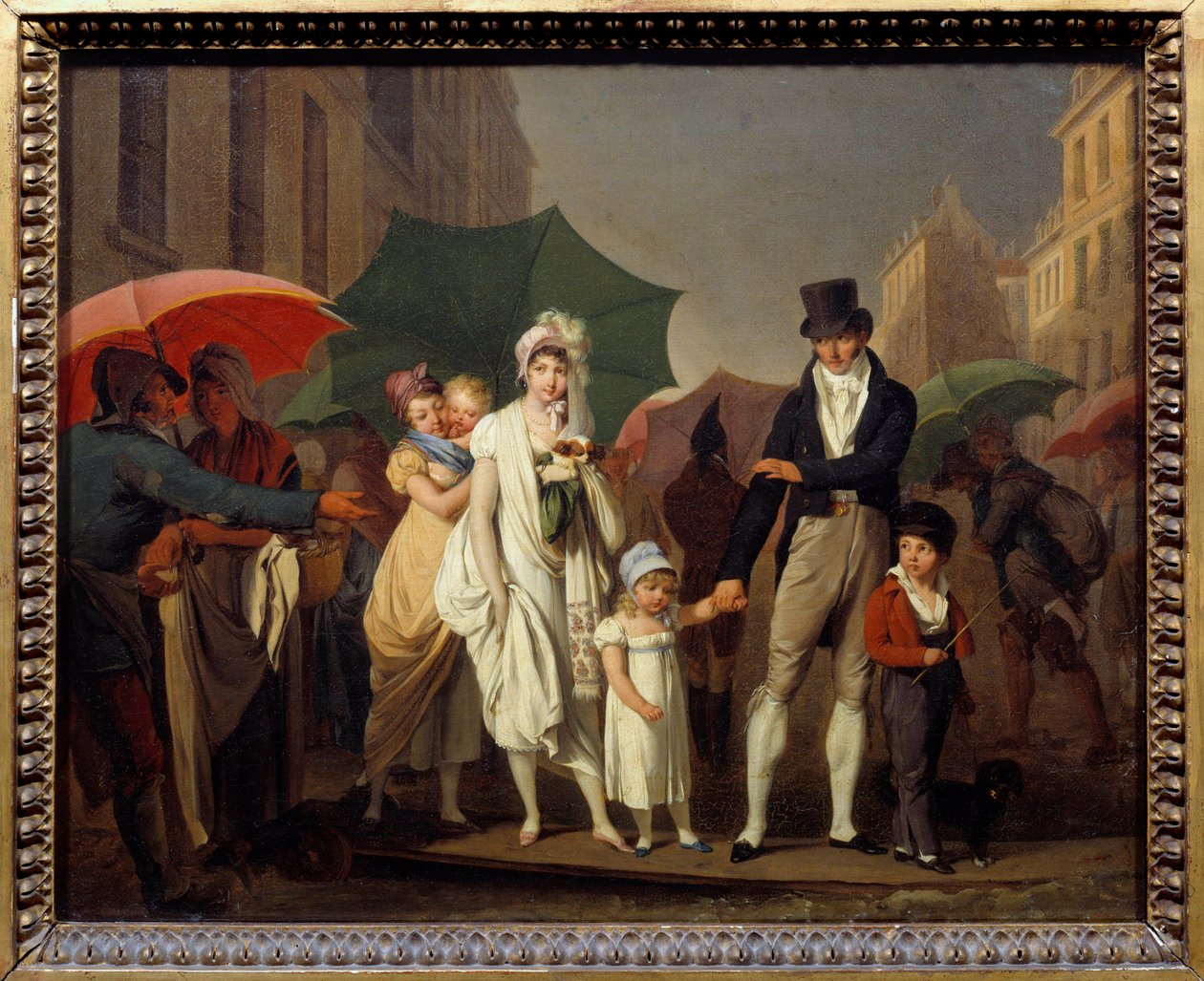 Bourgeois suihkuttaa Pariisin Premier Empire -muotiin suojaten itseään sateelta. Louis leopold Boillyn (1761-1845) maalaus 1800-luvun aurinko. 0,32x0,4 m - Sade. First Empire -muotiin pukeutunut pariisilainen porvaristo suojelee itseään fr tekijältä Louis Leopold Boilly