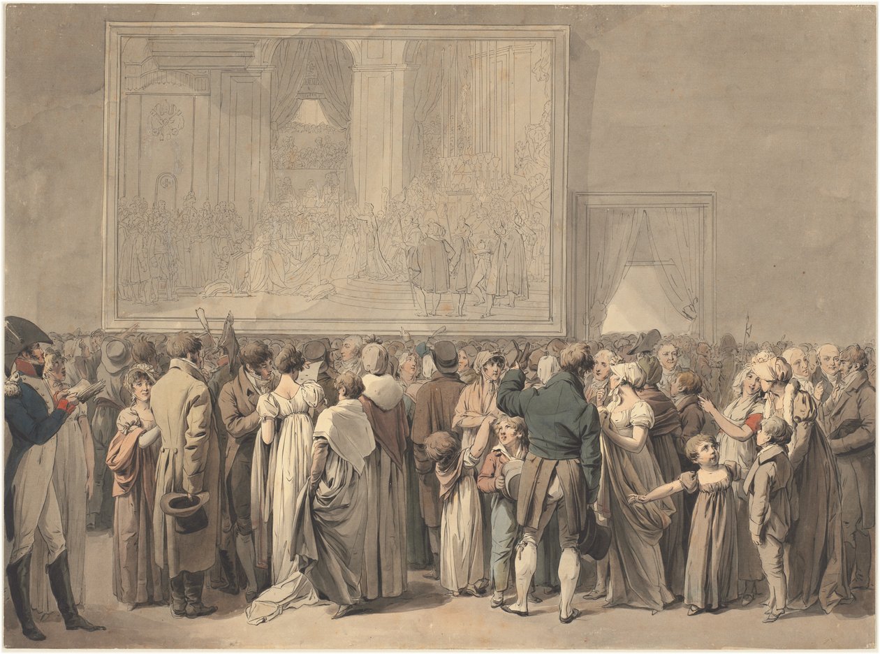 Yleisö Louvren salongissa katsomassa "Sacren" maalausta tekijältä Louis Leopold Boilly