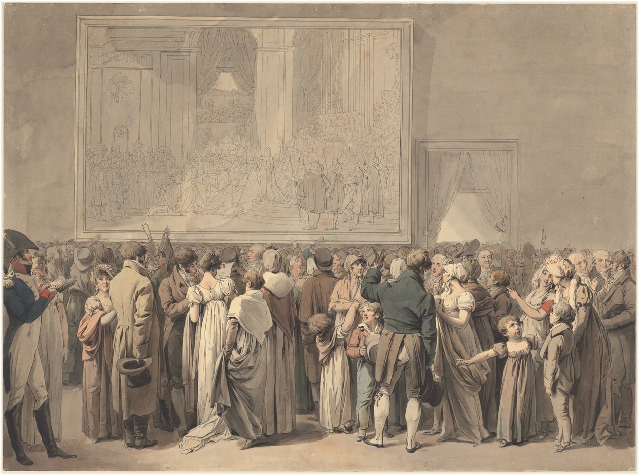 Yleisö Louvren salongissa, katsomassa "Sacren" maalausta, alkanut 1808 (kynä, tussi ja akvarelli) tekijältä Louis Leopold Boilly