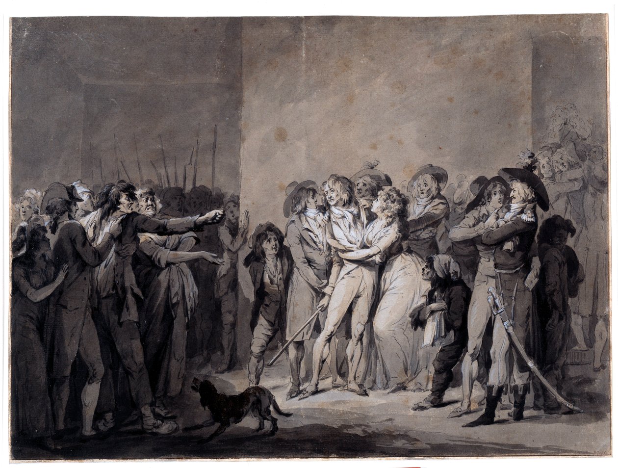 Charlotte Cordayn (1768-1793) pidätys Maratin murhan jälkeen. Piirustus Louis Leopold Boilly (1761-1845) 1800-luvun Pariisi, Musee Carnavalet tekijältä Louis Leopold Boilly