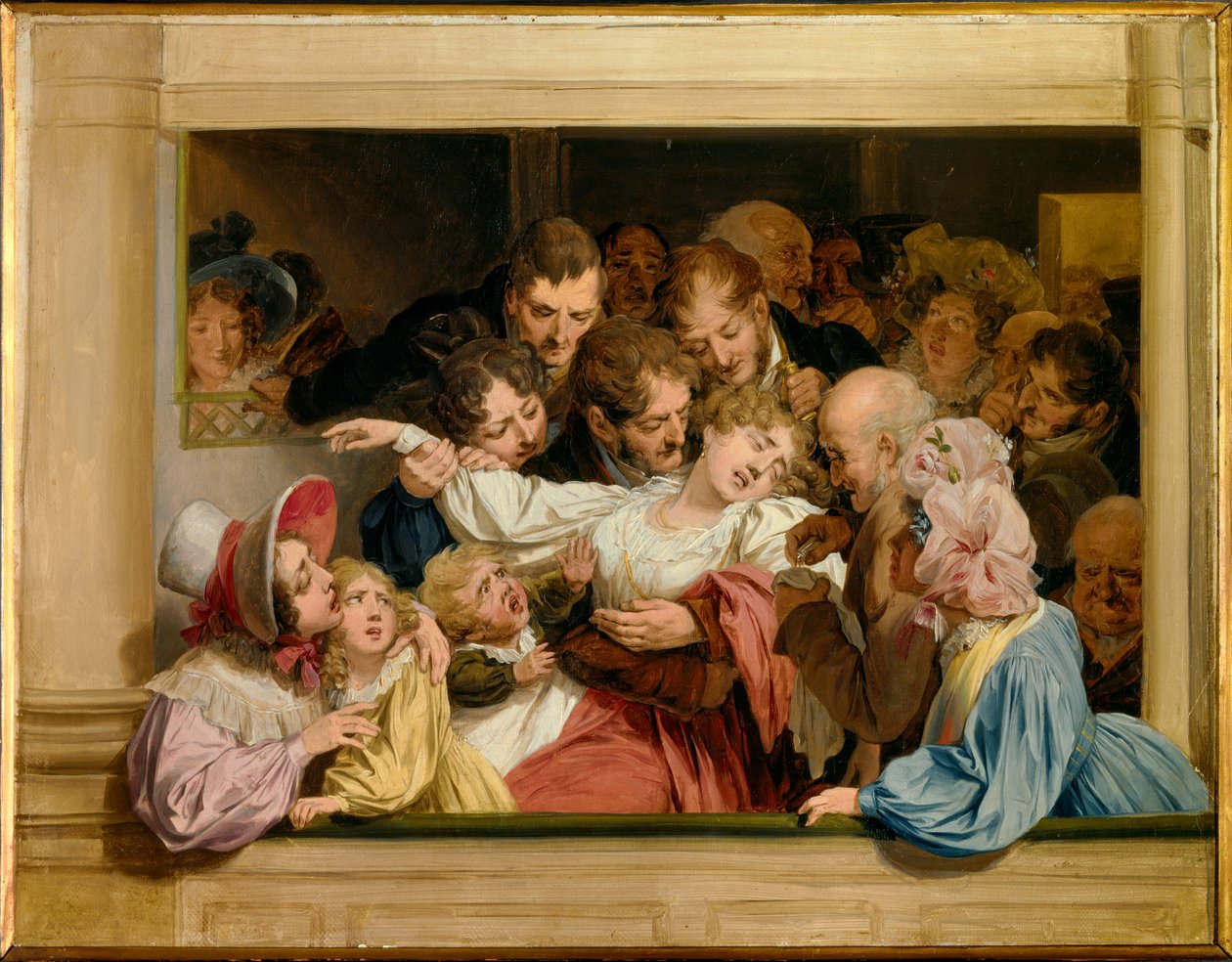 Melodraaman vaikutus Nuori nainen pyörtyy teatterin pukuhuoneessa. Louis leopold Boillyn (1761-1845) maalaus 1830 su. 0,32x0,41 m Versailles, musee Lambinet tekijältä Louis Leopold Boilly