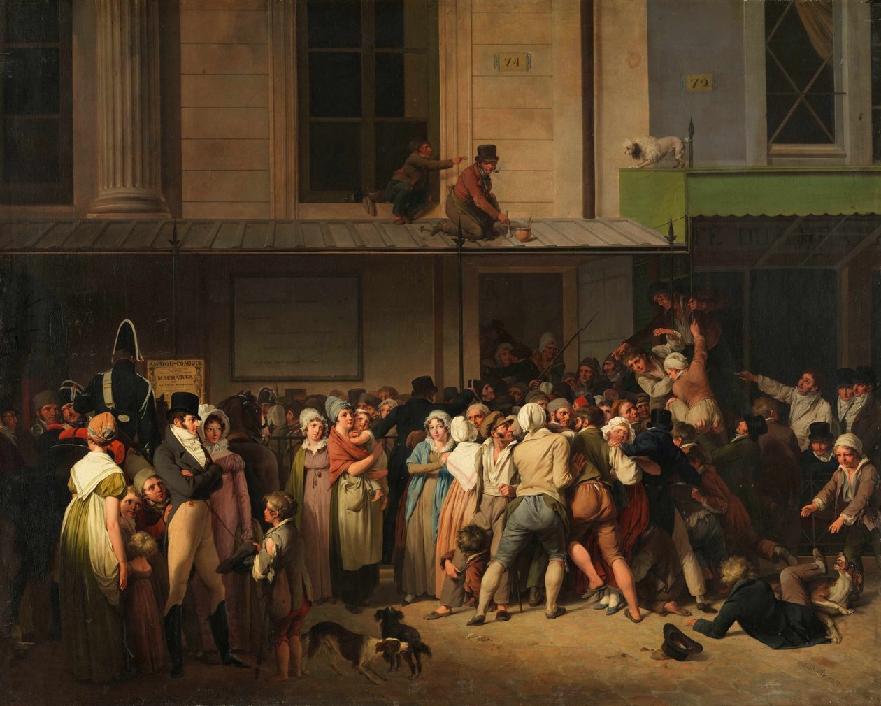 Sisäänkäynti Théâtre de lAmbigu-Comiqueen ilmaisen esityksen päivänä, n. 1819. tekijältä Louis Leopold Boilly