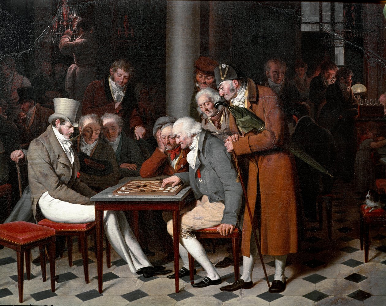 Kahvilan sisällä lukee "naisten juhlat Cafe Lamblinissa" Pariisin Palais Royalissa. Yksityiskohta. Louis Leopold Boillyn (1761-1845) maalaus, noin 1820. Aurinko 0,38x0,55 m Chantilly, museo Conde tekijältä Louis Leopold Boilly