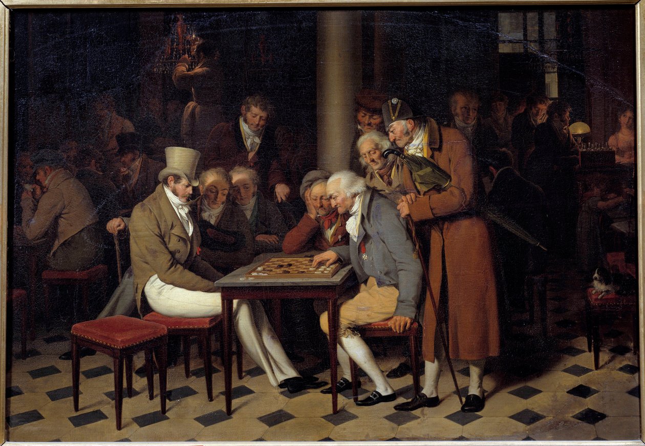Kahvilan sisustuksessa kerrotaan naistenjuhlista Cafe Lamblinissa Pariisin Palais Royalissa Louis Leopold Boillyn (1761-1845) maalaus 1800-luvun su. 0,38x0,55 m Chantilly, Musee Conde tekijältä Louis Leopold Boilly