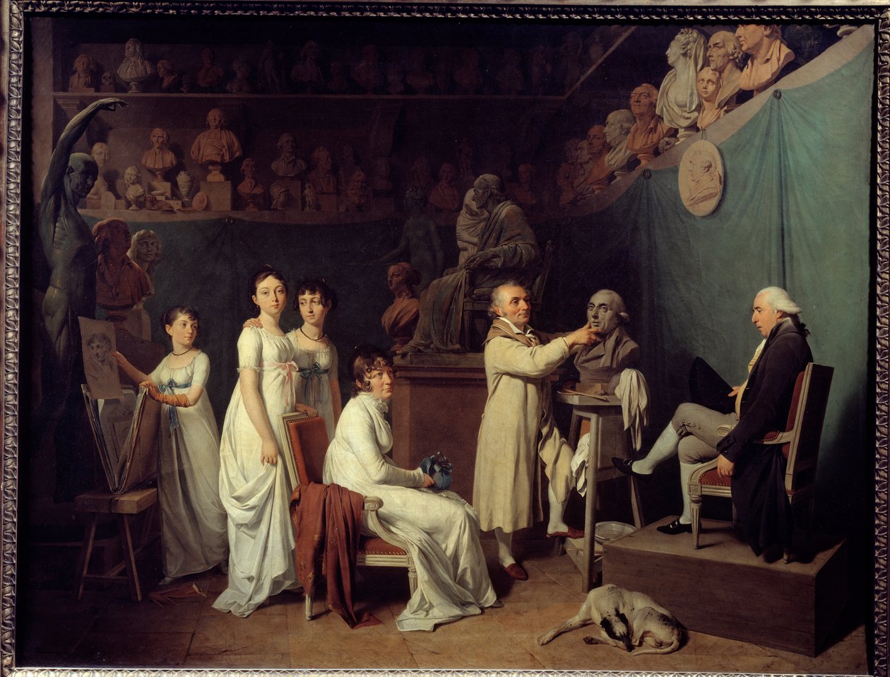 Kuvanveistäjä Jean Baptiste Houdonin (1741-1828) työpaja. Kuvanveistäjän mallina oli matemaatikko Pierre-Simon Laplace (1749-1827) Marquis de Laplace vaimonsa ja tyttäriensä läsnä ollessa. Louis Leopold Boillyn (1761-1845) maalaus 1804 Paris, De tekijältä Louis Leopold Boilly