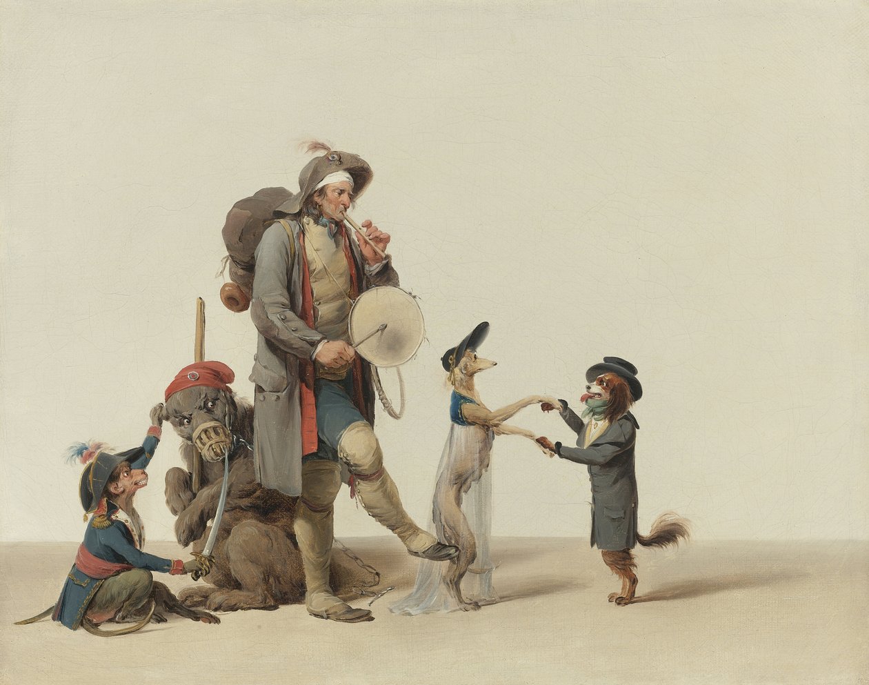 Boilly, Louis-Leopold (1761-1845) eläinten kouluttaja tanssivien koirien, karhun ja apinan kanssa. Öljy kankaalle, koko: 32,4x40,6 cm - Yksityiskokoelma tekijältä Louis Leopold Boilly