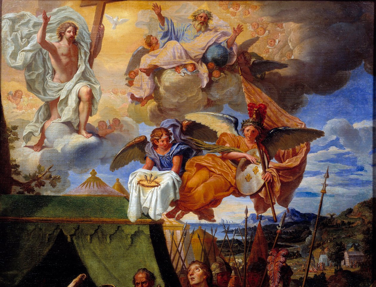 Kuningas Ludvig IX (Saint Louis) (1214-1270) huolehtii sotilaistaan Yksityiskohta, joka edustaa Jumalaa ja enkeleitä. Louis Licherie de Buryn (1629-1687) maalaus 1600-luvulta Rouen, Musee des Beaux Arts tekijältä Louis Licherie de Beurie