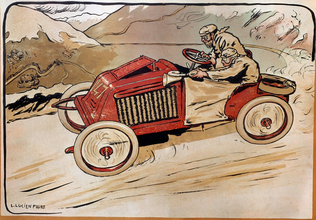 Auto: kilpa-auto. Marcel Renault (1872-1903) ja Rene Vauthier ylittämässä Alpit kilpailussa PARIISI-WIENN vuonna 1902 autolla 147. Litografia Louis Lucien Faure Dujarric (1872-?), 1900-luku. Conservatoire National des Arts et Metiers, Pariisi tekijältä Louis Lucien Faure Dujarric
