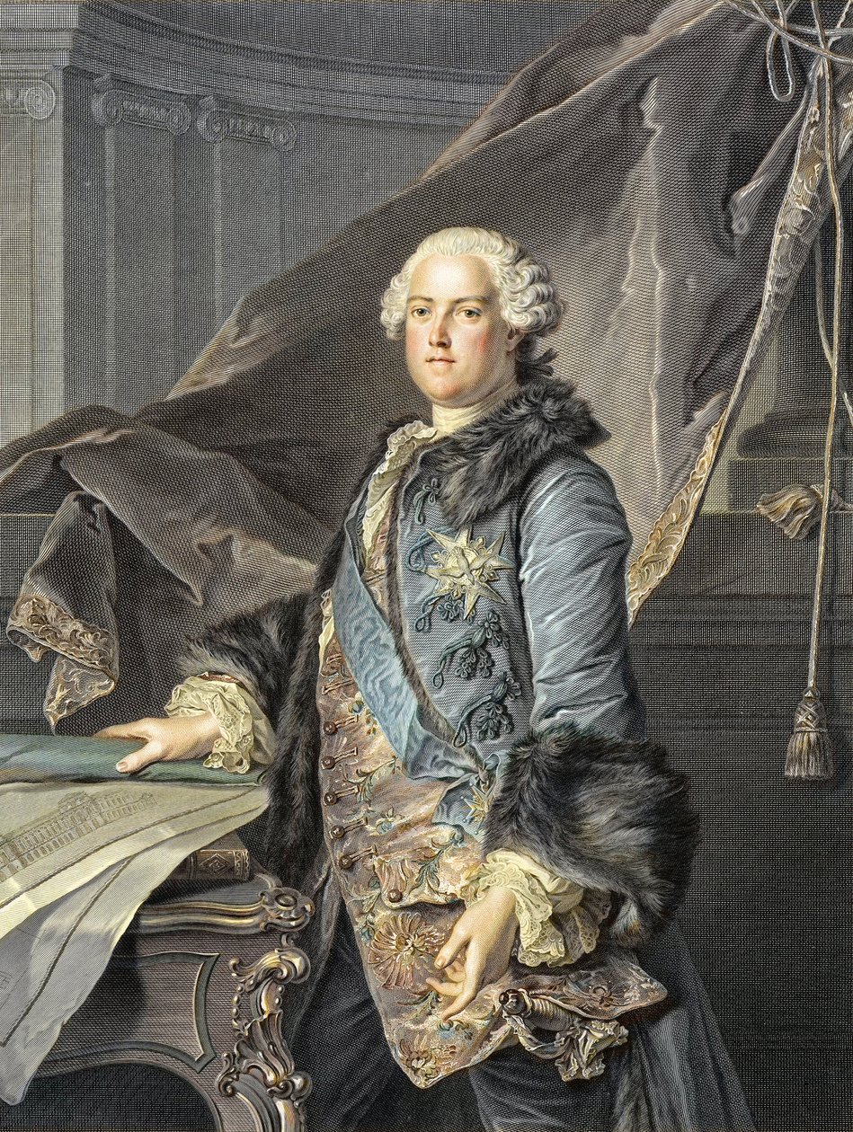 Abel Francois Poisson de Vandieres (1727-81) Marquis de Marigny - Kuninkaan rakennusten johtaja; Madame de Pompadourin veli - Abel-Francois (Abel Francois) Poissonin muotokuva, monsieur de Vandieres, Marquis de Marigny, Batimin pääjohtaja tekijältä Louis M. (after) Tocque