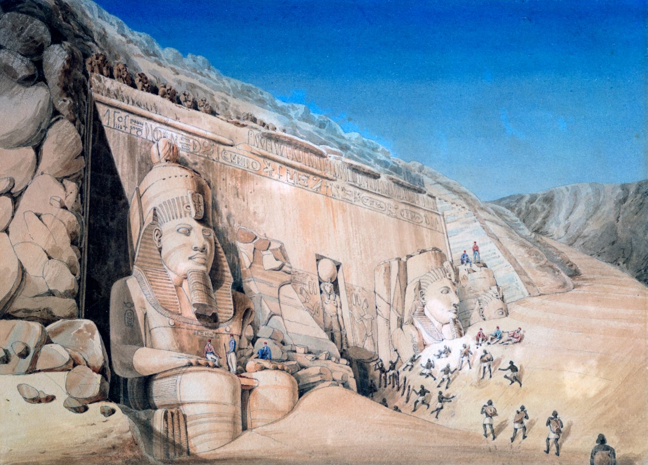 Ramses II:n suuren temppelin kaivaukset, Abu Simbel, 1819 tekijältä Louis M. A. Linant de Bellefonds,