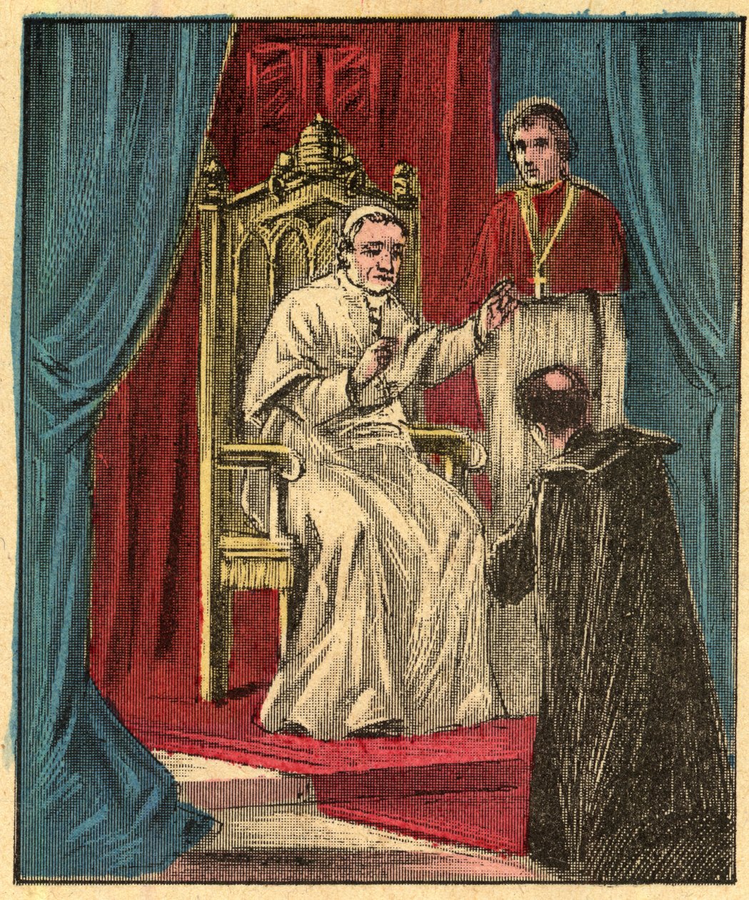 Louis-Gaston de Segur (Louis Gaston de Segur) (1844-1879) Ranskan piispa Vatikaanissa paavi Pius IX:n (Pius IX) edessä - - Kaiverrus sanasta "" Uskonnollinen opetus silmin. Wonderful Album”, Louis Maitrejean ja Georget Ramond - Ranska 1910 tekijältä Louis Maitrejean