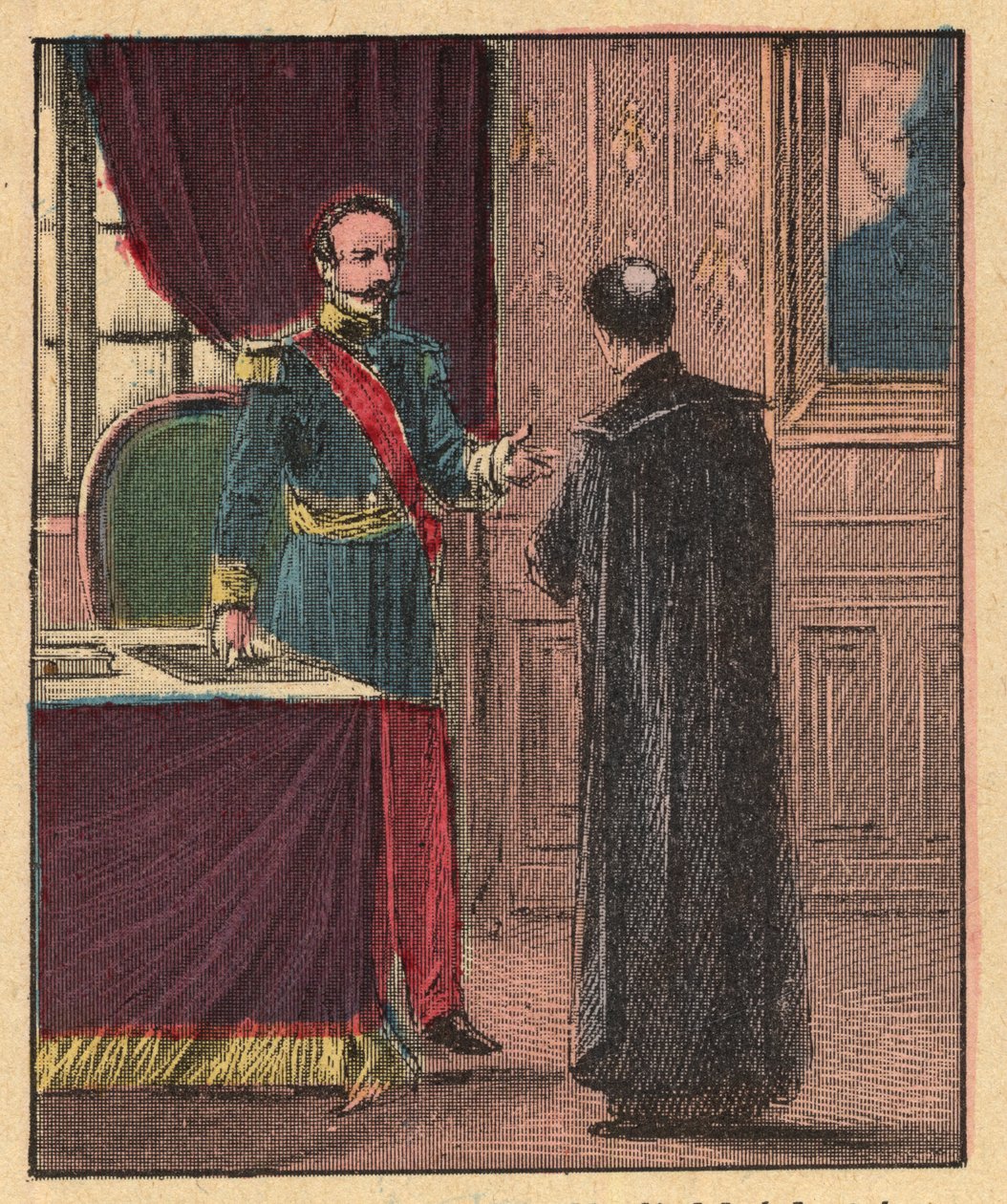 Napoleon III ja Louis-Gaston de Segur (Louis Gaston de Segur) (1820-1881) Ranskan piispa Elyseessä - - Kaiverrus kirjasta "" Uskonnollinen opetus silmin. Wonderful Album”, Louis Maitrejean ja Georget Ramond - Ranska 1910 tekijältä Louis Maitrejean