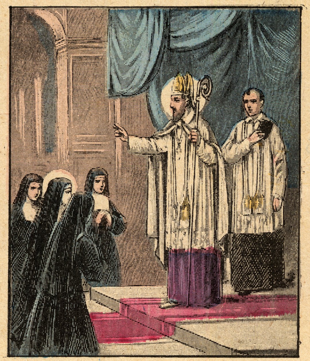 Pyhän Marian vierailuritarikunta - St. Francis de Sales - Saint Francois-de-Sales (1567-1622) - Francois de Sales perusti vierailuritarikunnan Madame de Chantalin (Jeanne Francoise Fremyot de Chantal) kanssa (1572-1641) - Kaiverrus kirjasta "Uskonnollinen  tekijältä Louis Maitrejean