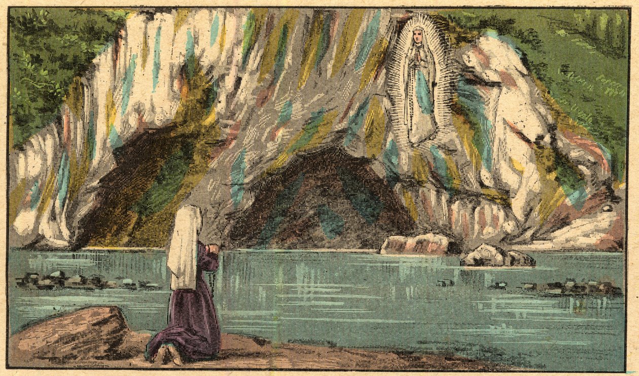 Neitsyt Marian ilmestyminen Lourdesissa - Neitsyt ilmestyy Bernadette Soubirousille (1844-1879) Lourdesissa vuonna 1858 - - Kaiverrus kirjasta "" Uskonnollinen opetus silmin. Wonderful Album”, Louis Maitrejean ja Georget Ramond - Ranska 1910 tekijältä Louis Maitrejean