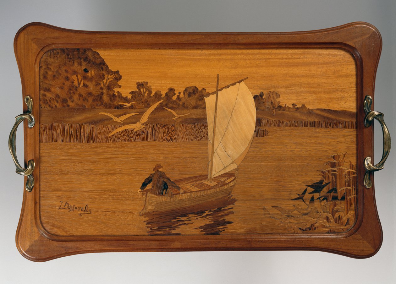 Tarjotin järvimaisemalla, kirjoittanut Louis Majorelle (1859-1926), puuta, Ranska, 1900-luku tekijältä Louis Majorelle
