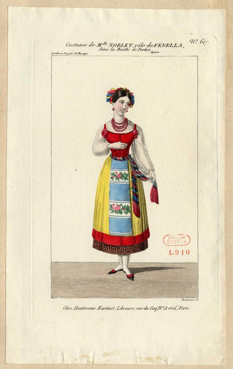 Miss Noblet Fenellana. Pukusuunnittelu oopperaan La muette de Portici, 1828. tekijältä Louis Maleuvre