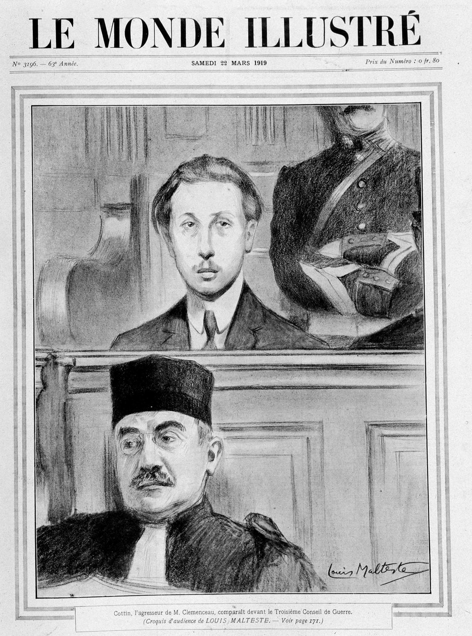 Tuomiokohtaus. "" Eugene Cottin, Georges Benjamin Clemenceaun hyökkääjä, esiintyi 3. sotaneuvoston edessä"" (luonnos yleisöstä Louis Malteste) - elokuvassa "" Le Monde Illustré" 15.2.1919 tekijältä Louis Malteste